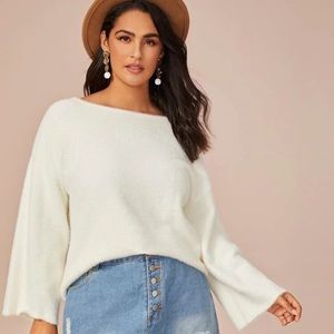 Solid Drop Shoulder Fluffly Knit Shoulder